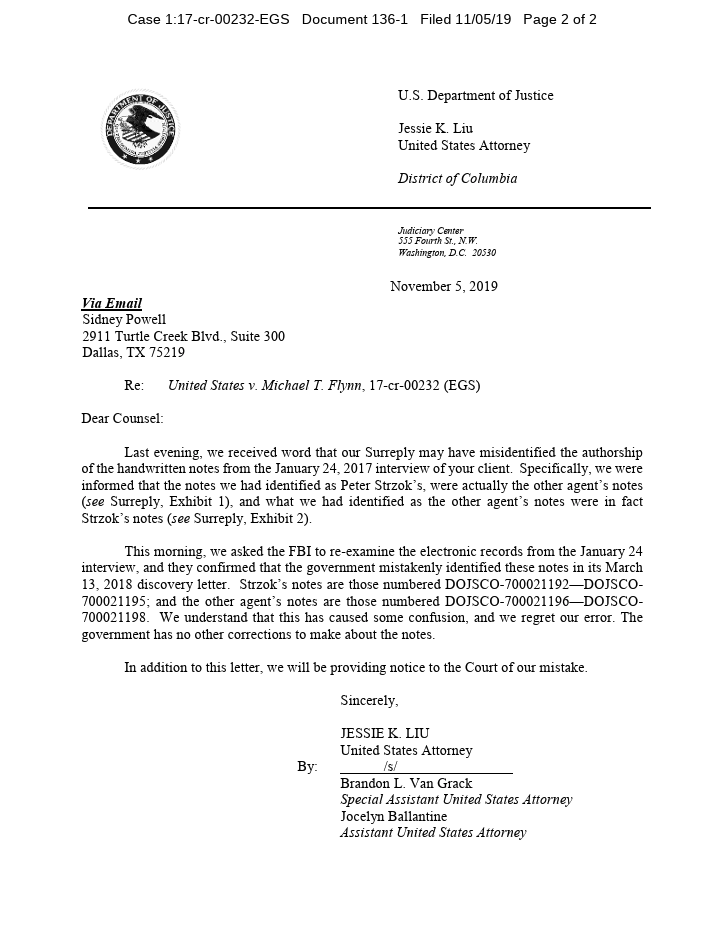 November 5, 2019 letter from the U.S. Attorney's Office to Sidney Powell in United States v. Michael Flynn, admitting the government misidentified the authorship of handwritten notes from the January 24, 2017 Flynn interview, swapping which pages belonged to Peter Strzok versus a second agent