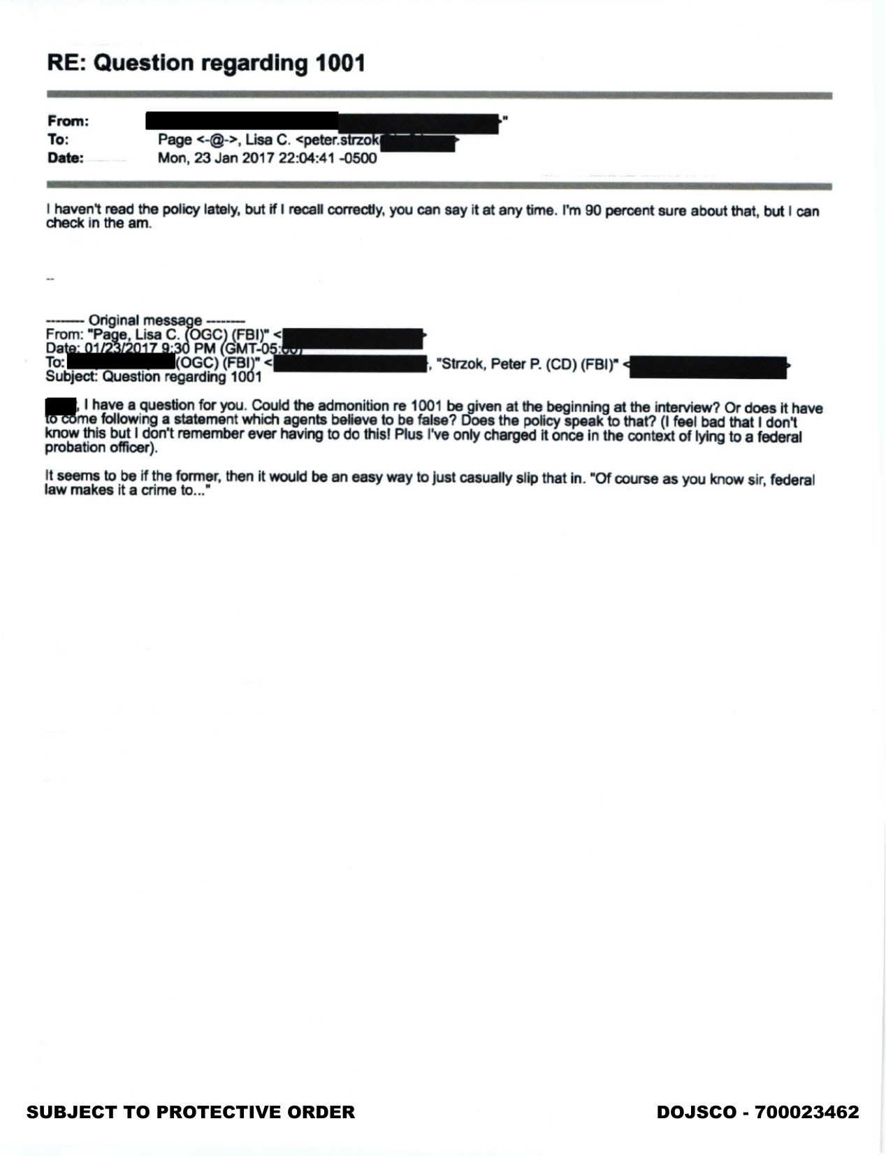 Email chain dated January 23, 2017, in which Lisa Page asks whether the warning that lying to federal agents is a crime under 18 U.S.C. 1001 needs to be given at the start of an interview, suggesting it could be 'casually slipped in' partway through, with a reply the next morning saying the warning can be given at any time