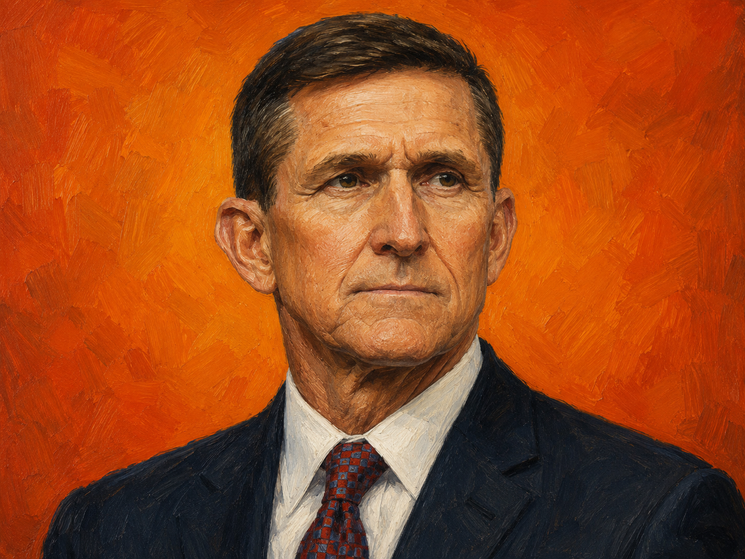 Illustration portrait of Michael Flynn, the retired lieutenant general and former National Security Advisor whose FBI interview and forced resignation became one of the specific episodes cited in the Oxferd Comma obstruction predicate