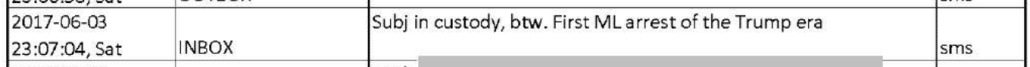Text message from June 3, 2017, 23:07:04: 'Subj in custody, btw. First ML arrest of the Trump era'