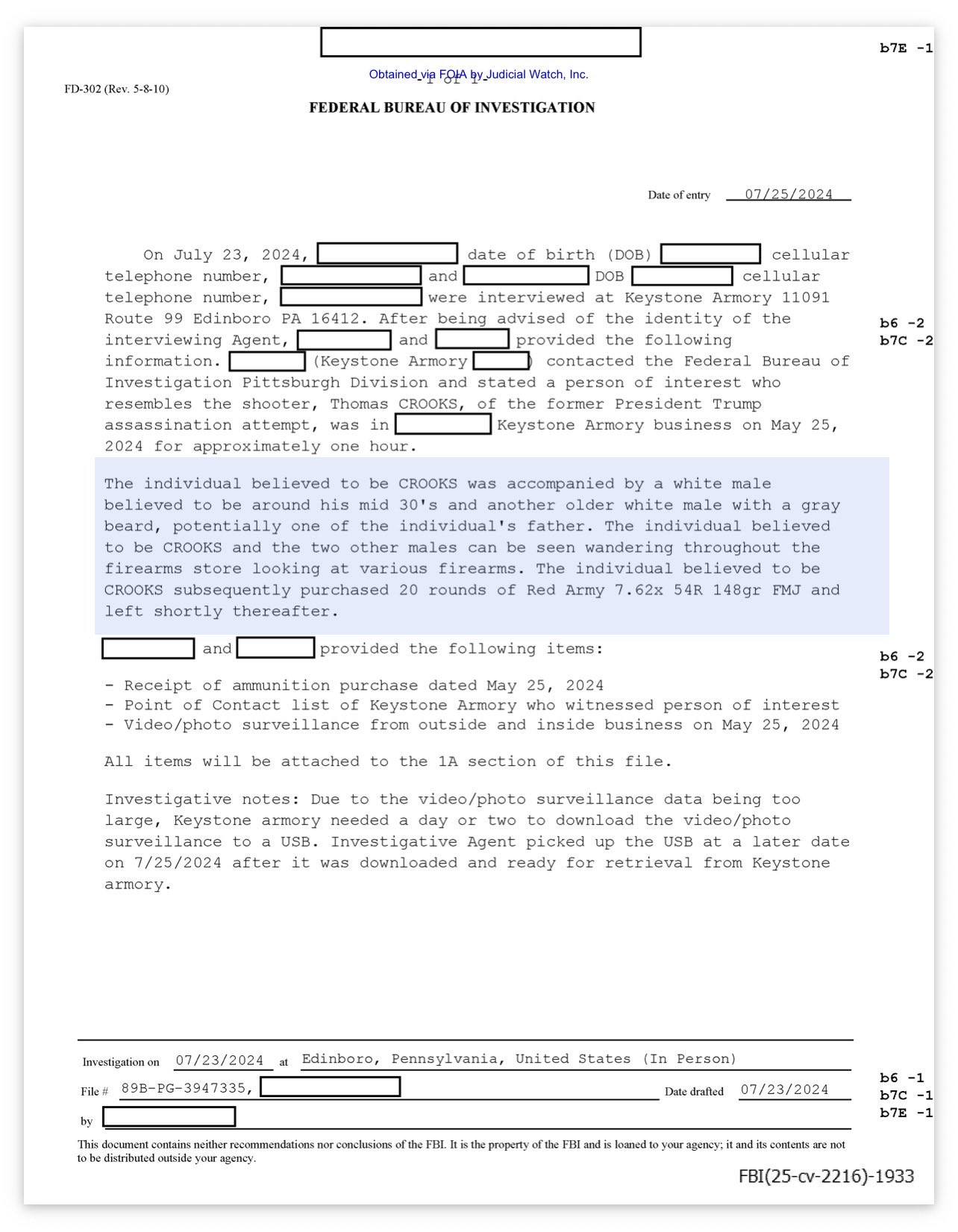 A partially redacted FBI FD-302 interview report, obtained via FOIA by Judicial Watch, describing a person believed to be Thomas Crooks visiting Keystone Armory in Edinboro, Pennsylvania on May 25, 2024, accompanied by two unidentified men, and purchasing 20 rounds of ammunition