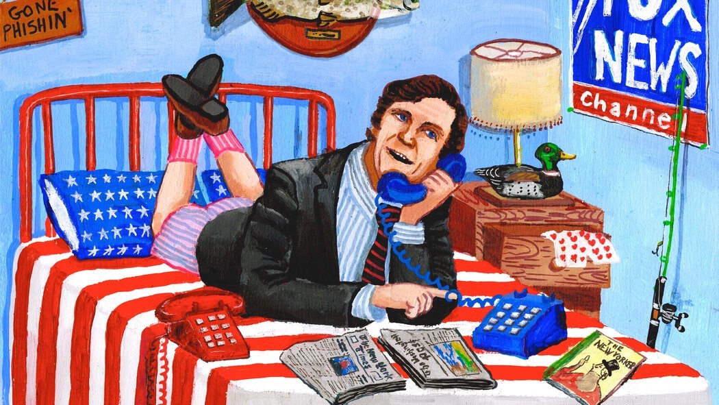 An illustrated portrait of a young Tucker Carlson lying on a bed covered in an American flag print, talking on the phone, with a Fox News Channel poster on the wall