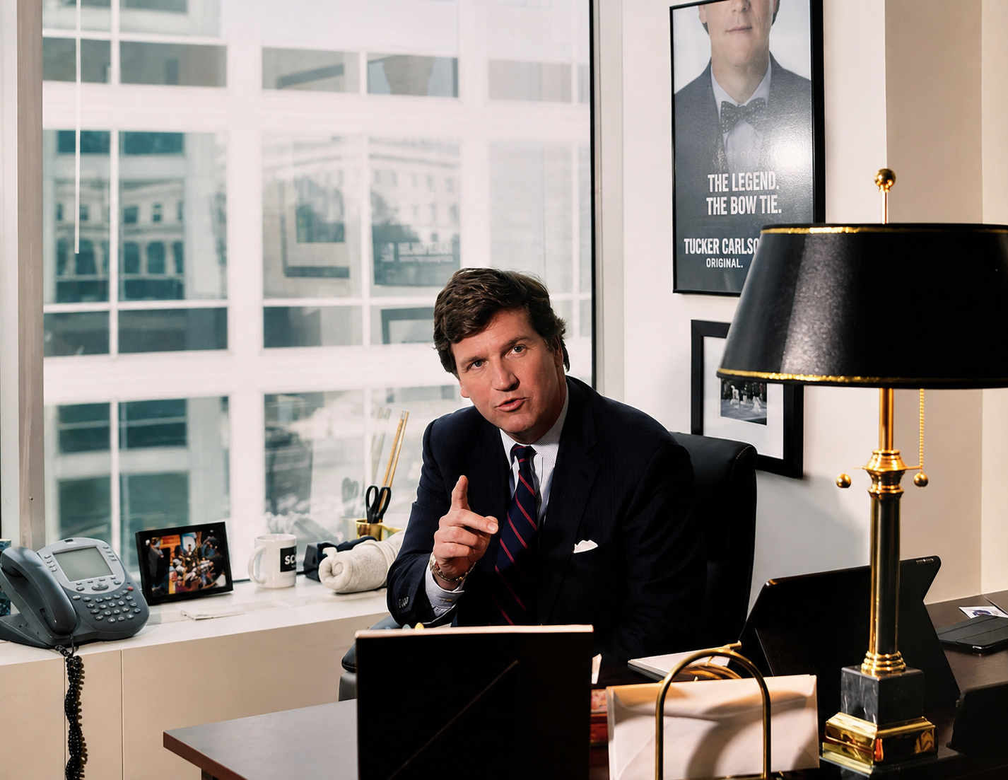 Tucker Carlson at his office desk, with a framed poster on the wall behind him reading The Legend, The Bow Tie, Tucker Carlson Original