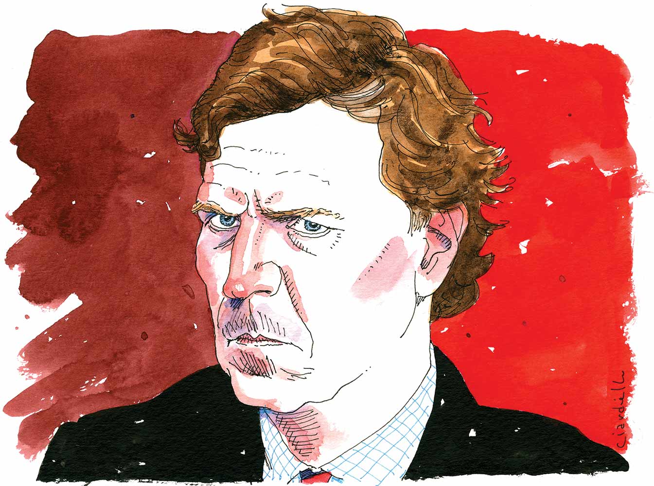 A watercolor illustration of Tucker Carlson split between two different shades of red background