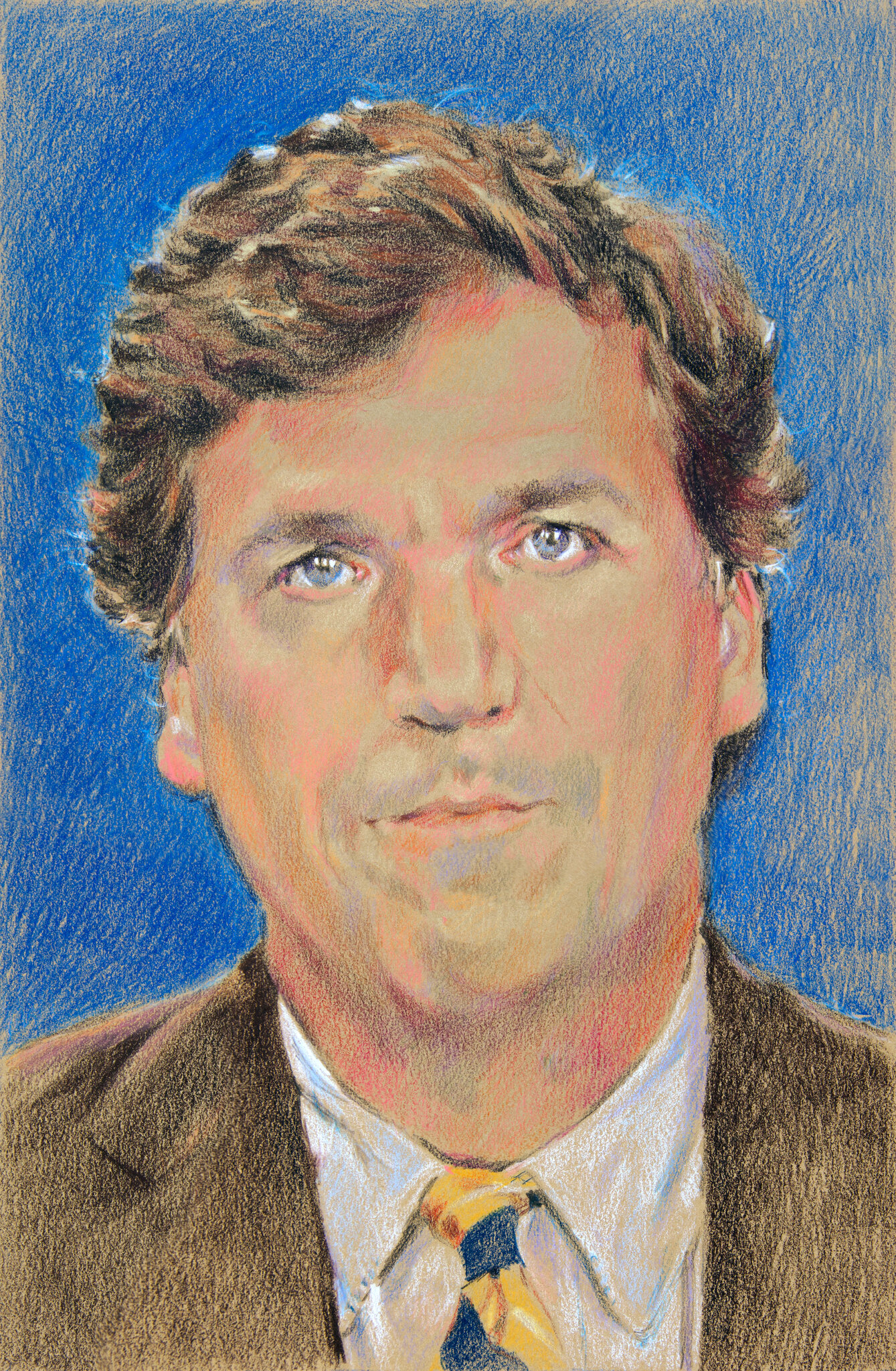 A colored pencil portrait illustration of Tucker Carlson in a brown blazer and striped tie against a blue background