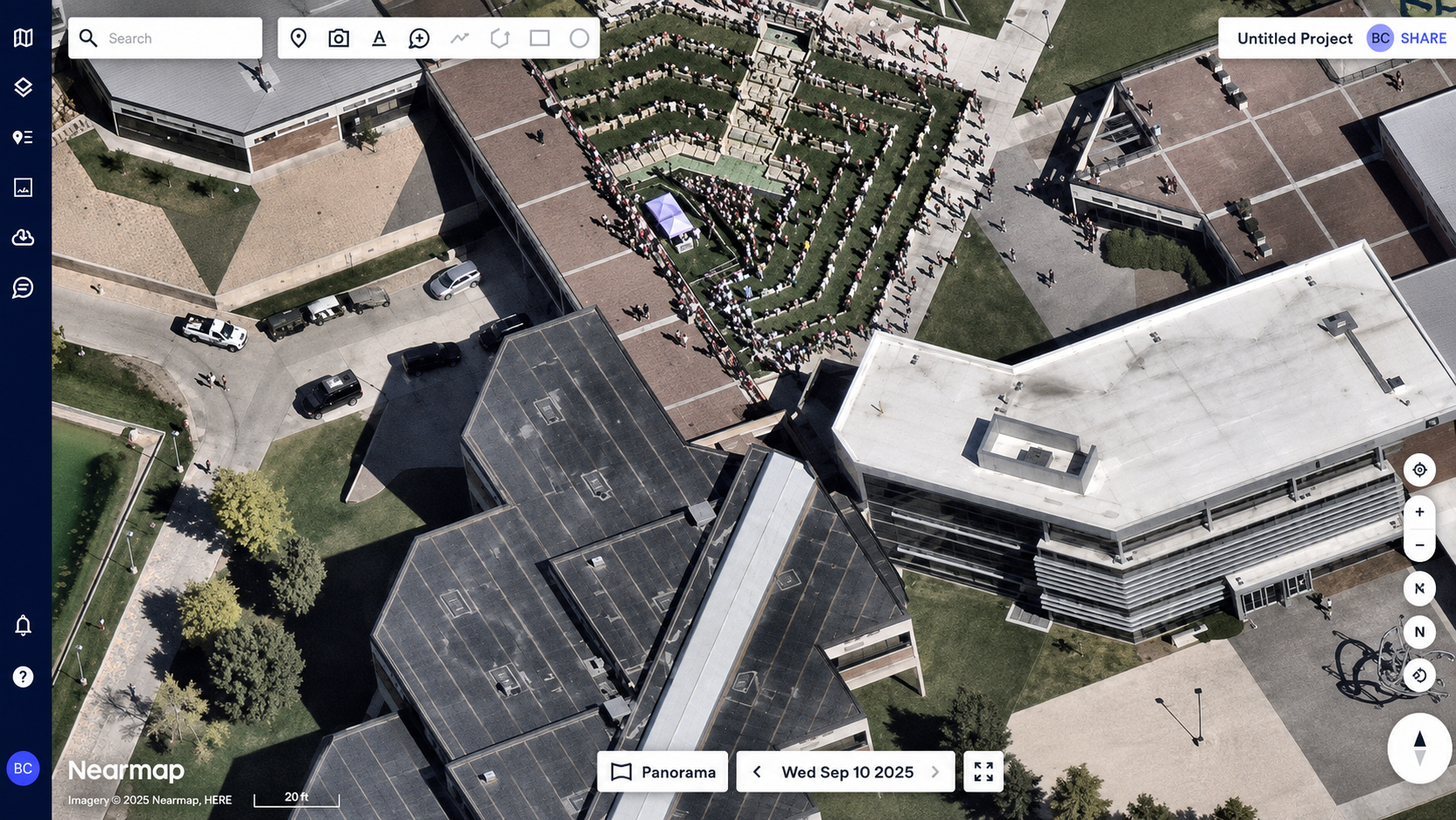 Aerial map view of the Utah Valley University campus dated September 10, 2025, showing the amphitheater-style courtyard where Kirk's tented stage was set up directly adjacent to the Losee Center building