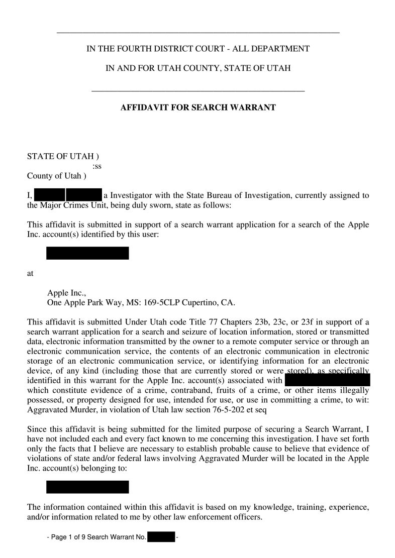 Page one of a search warrant affidavit filed in the Fourth District Court, Utah County, seeking Apple Inc. account records in connection with the aggravated murder investigation