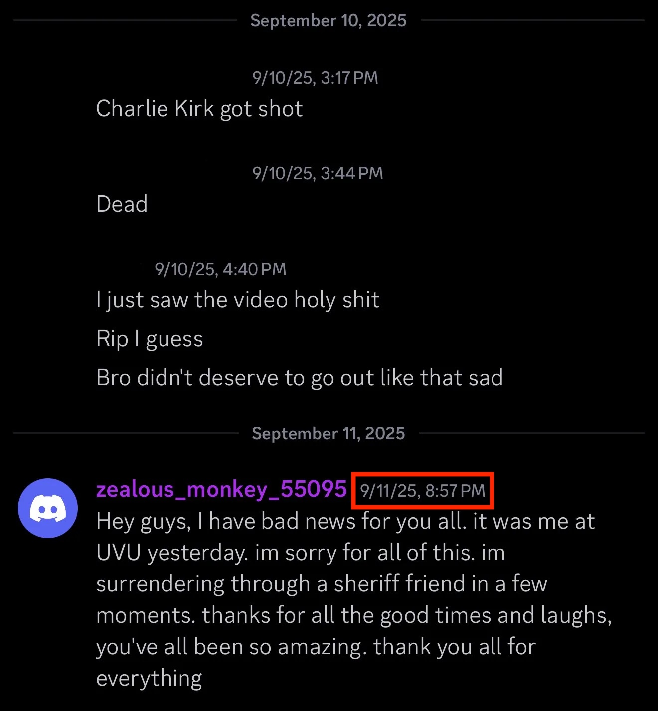 Screenshot of a Discord message from user zealous_monkey_55095, dated September 11, 2025 at 8:57 PM, reading in part: 'it was me at UVU yesterday. im sorry for all of this. im surrendering through a sheriff friend in a few moments.'