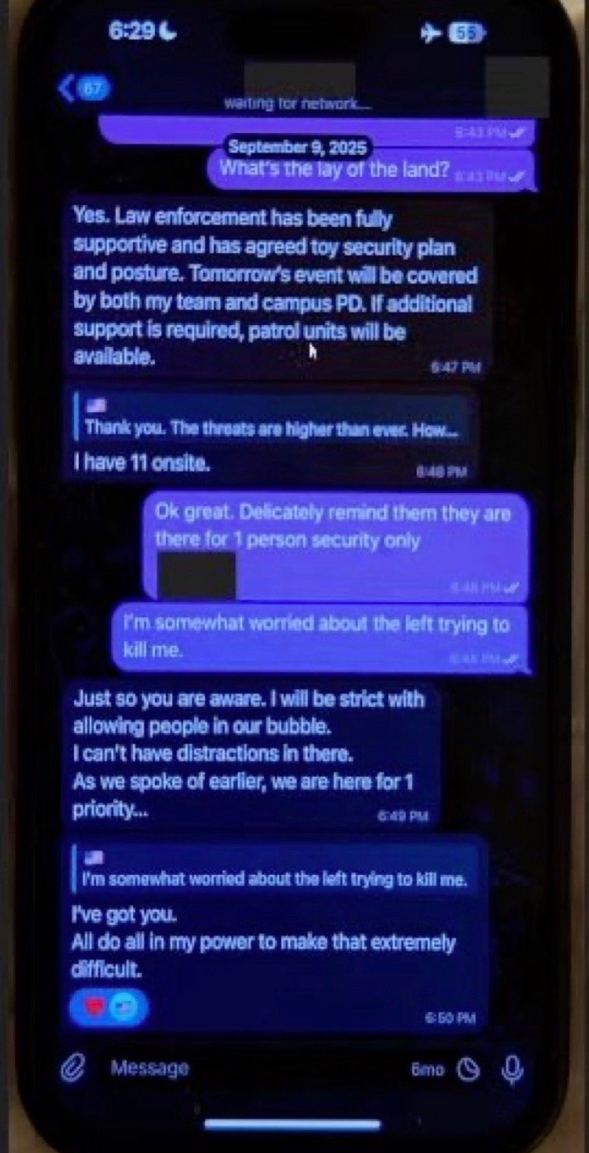 Screenshot of a text exchange dated September 9, 2025, reportedly between Charlie Kirk and his security coordinator, discussing security staffing for the next day's event