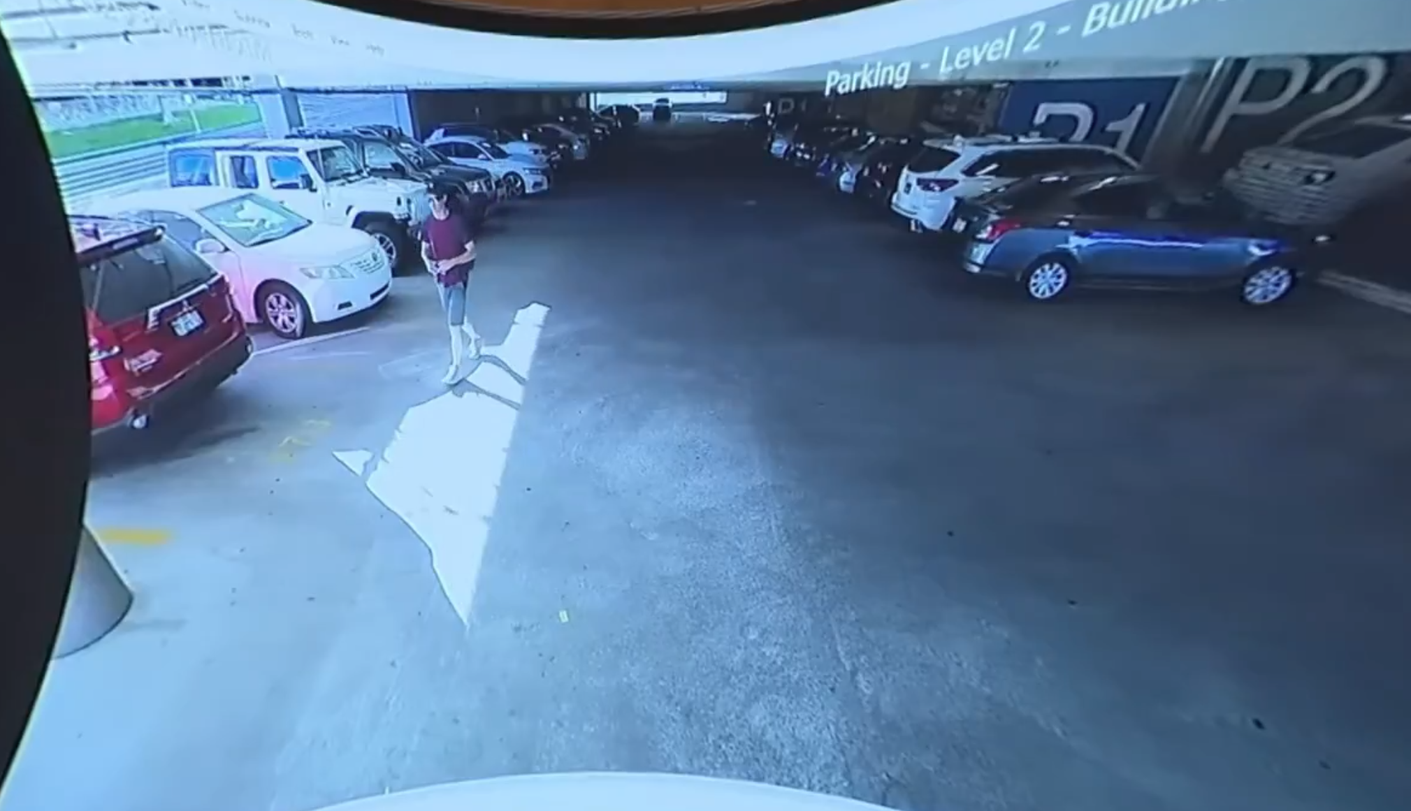 A second angle of the same parking garage surveillance footage, showing the man walking further down the row toward the camera