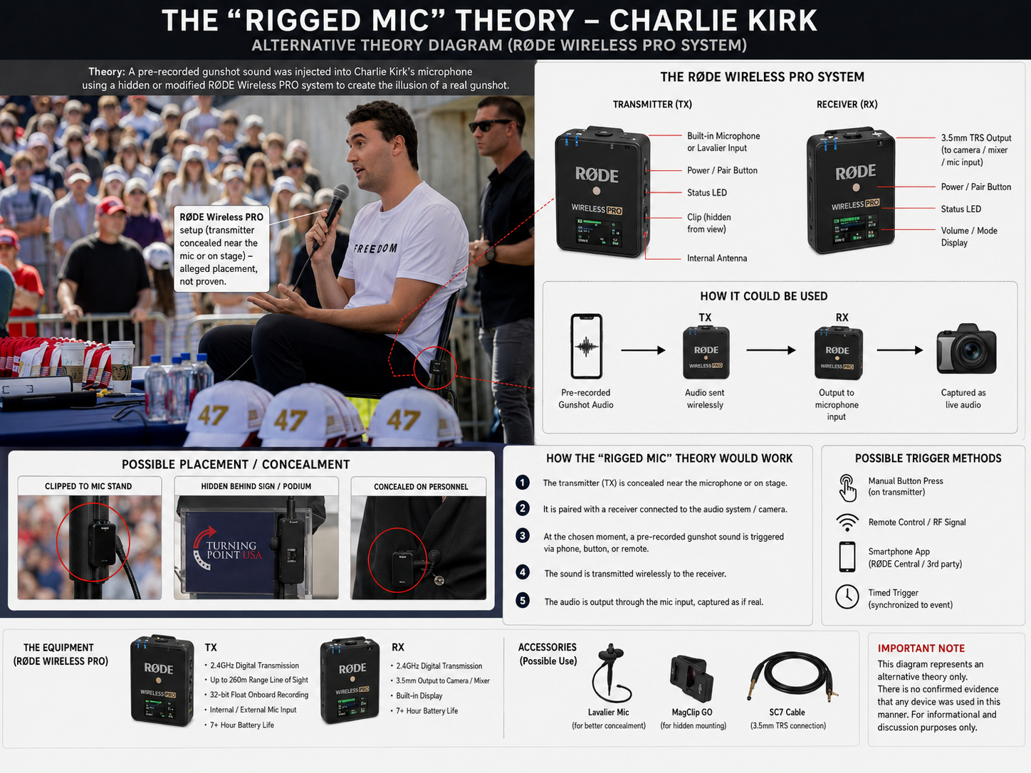 A diagram circulated by theory proponents illustrating how a Rode Wireless Pro transmitter and receiver could theoretically be used to inject a pre-recorded gunshot sound, labeled as an alternative theory with a disclaimer that no confirmed evidence supports it