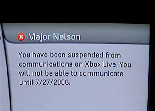 Major Nelson Xbox Live suspension message - July 2006