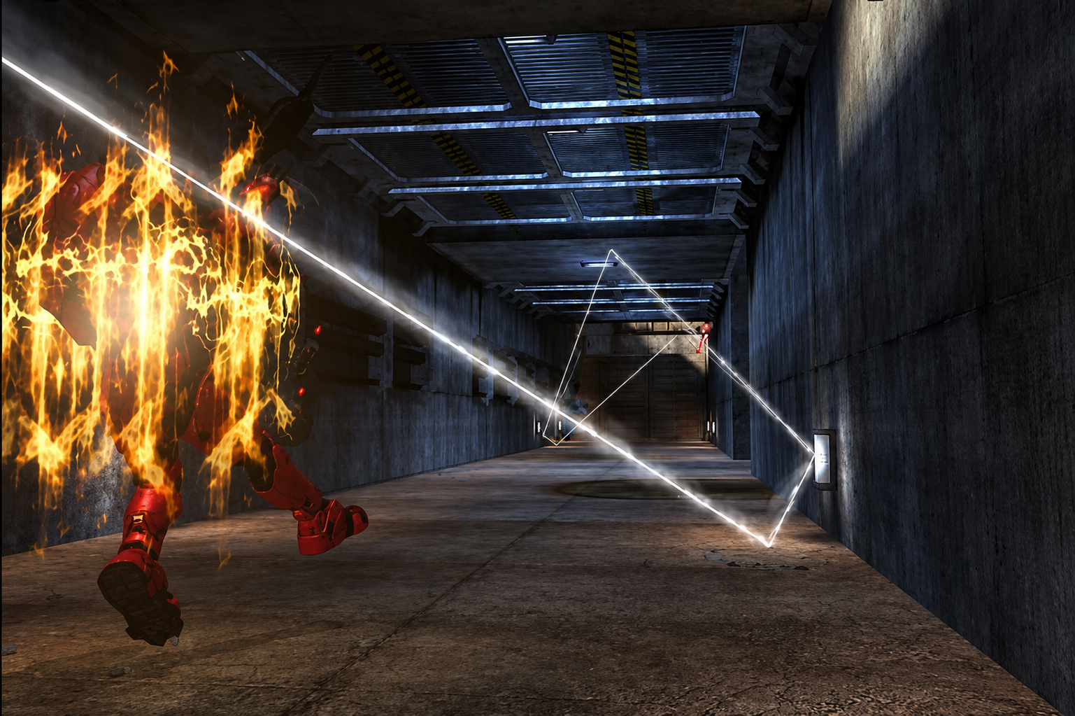 A Spartan sprinting through a corridor as a sniper tracer bends and bounces down the hallway behind them