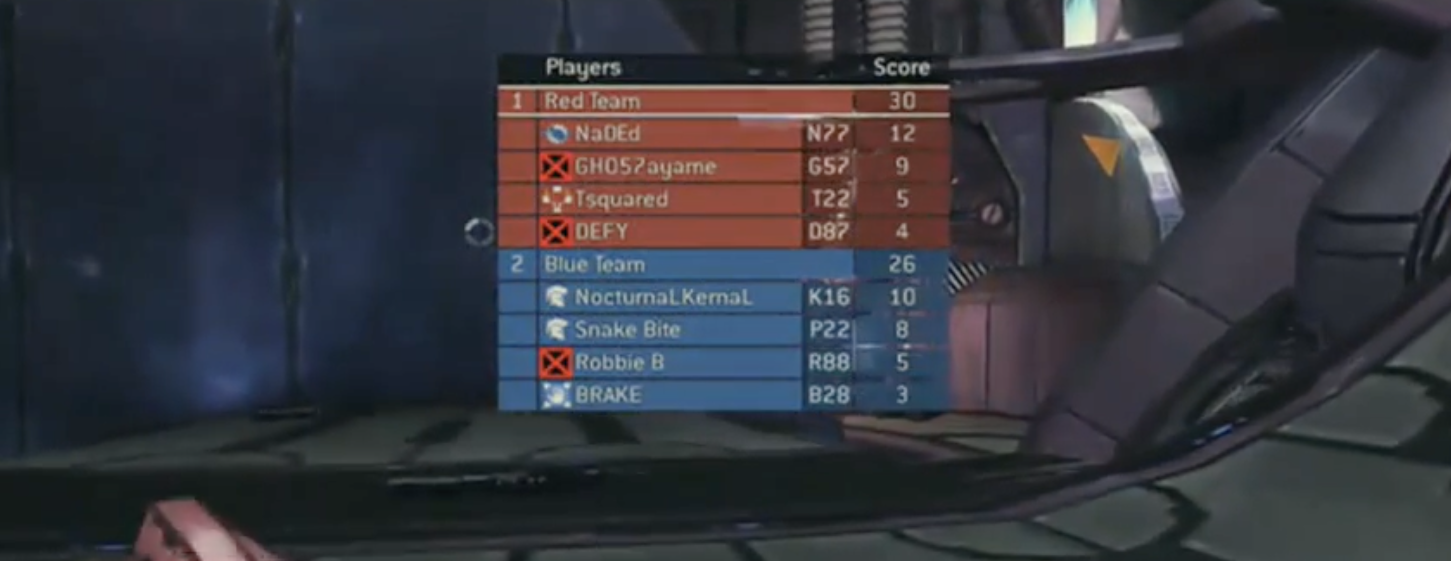 MLG post-game scoreboard showing Robbie B on Blue Team with 5 points, marked eliminated, second from bottom of the roster