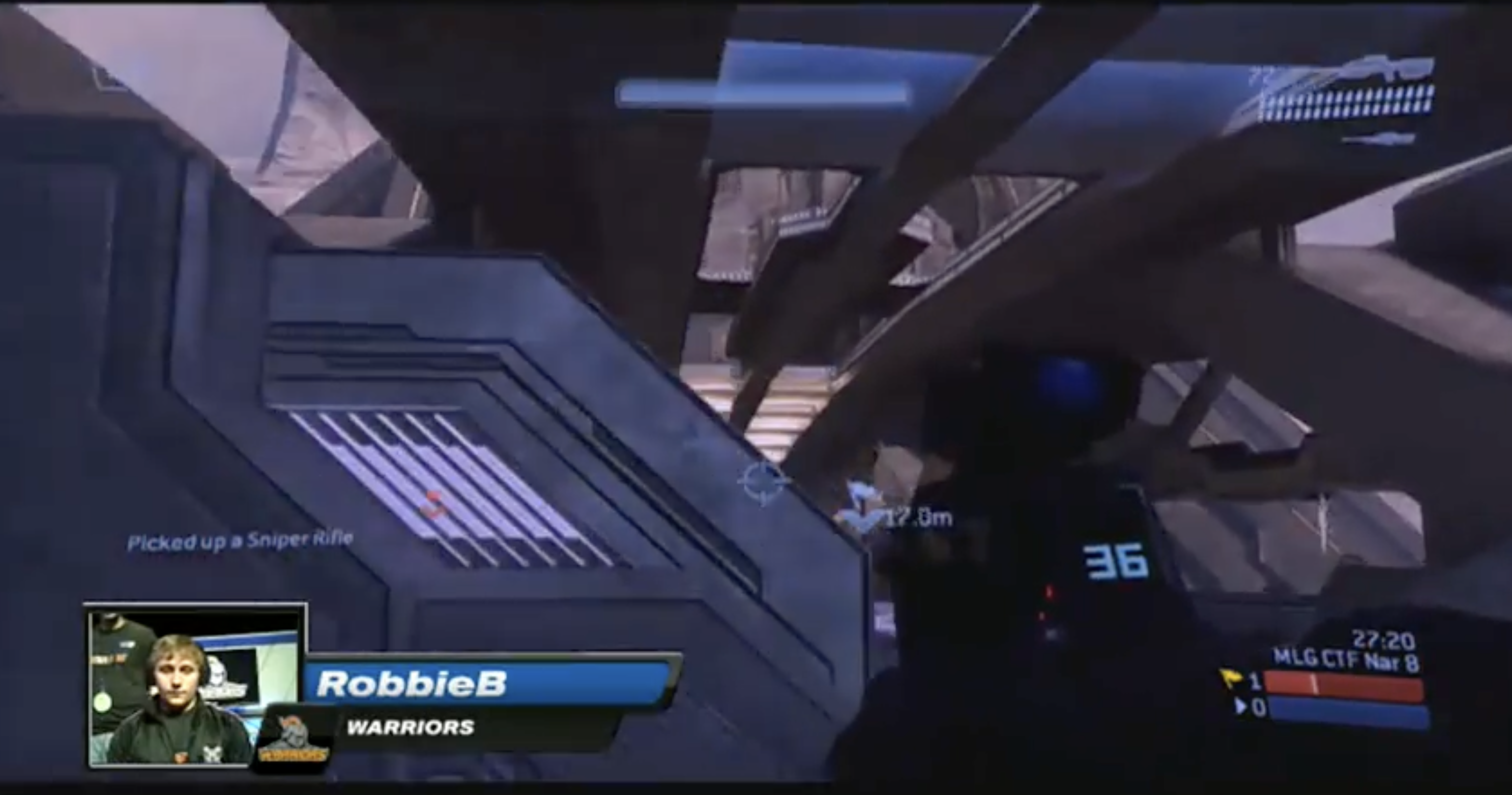 MLG broadcast footage of RobbieB of the Warriors picking up a Sniper Rifle during MLG CTF Narrows 8