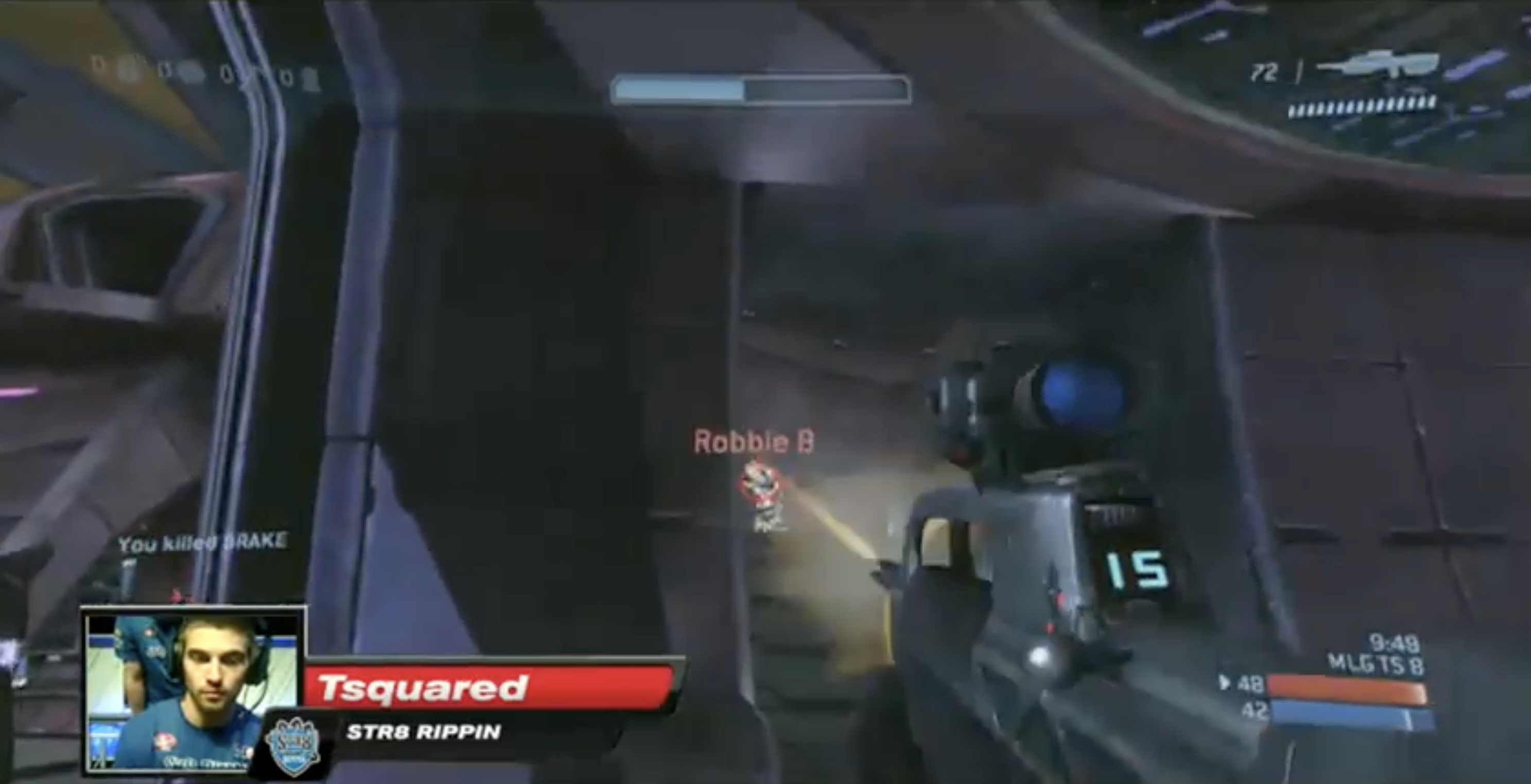 Tsquared's POV during an MLG Team Slayer set, scoped in on a hostile-marked Robbie B moments before the kill